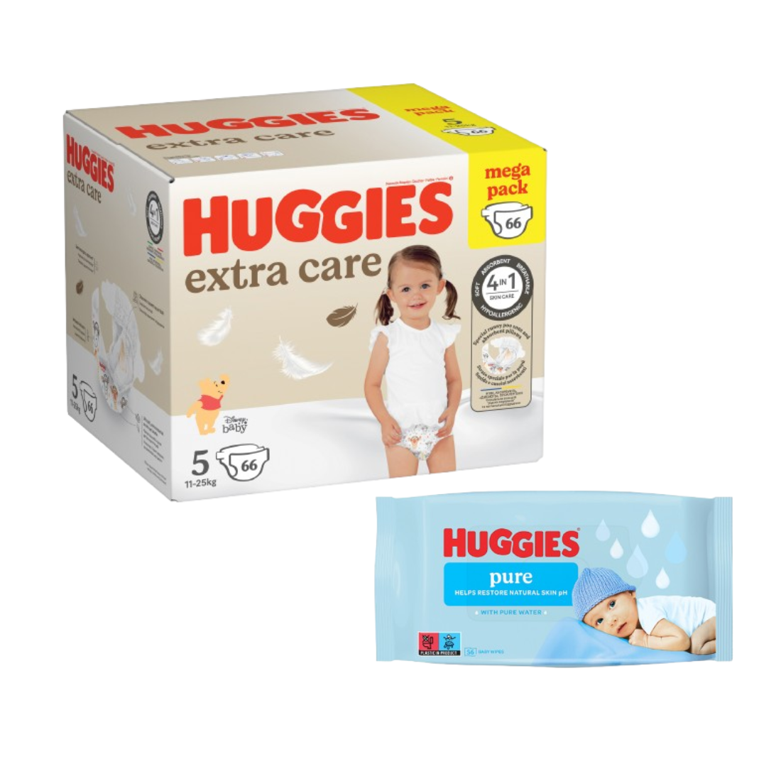 Huggies Pelene Extra Care Box 5, 11-25kg, 66 komada+Vlažne maramice Pure, 56 komada