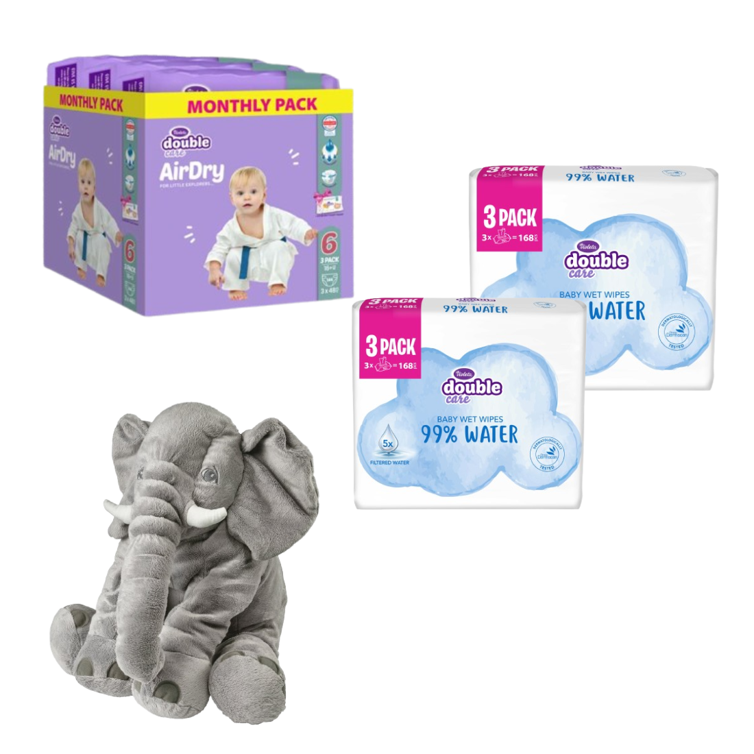 Violeta Pelene Air Dry, Maxi 6, Monthly, 16 kg, 144 komada+Vlažne maramice DC Water care, 2x168 komada+ Jastuk Slonče, Sivi