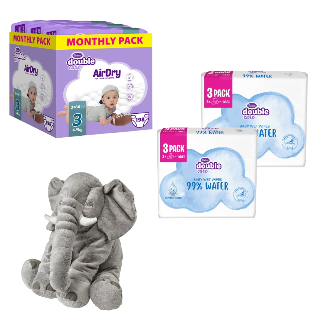 Violeta Pelene Air Dry, Maxi 3, Monthly, 4-9 kg, 198 komada+Vlažne maramice DC Water care, 2x168 komada+ Jastuk Slonče, Sivi