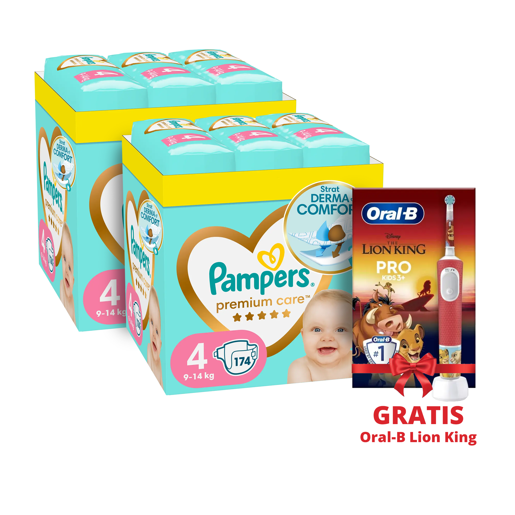 Pampers Pelene Premium 4, MSB, 9-14kg 348/1 DOUBLE PACK+GRATIS Oral-B Lion King | Ananas
