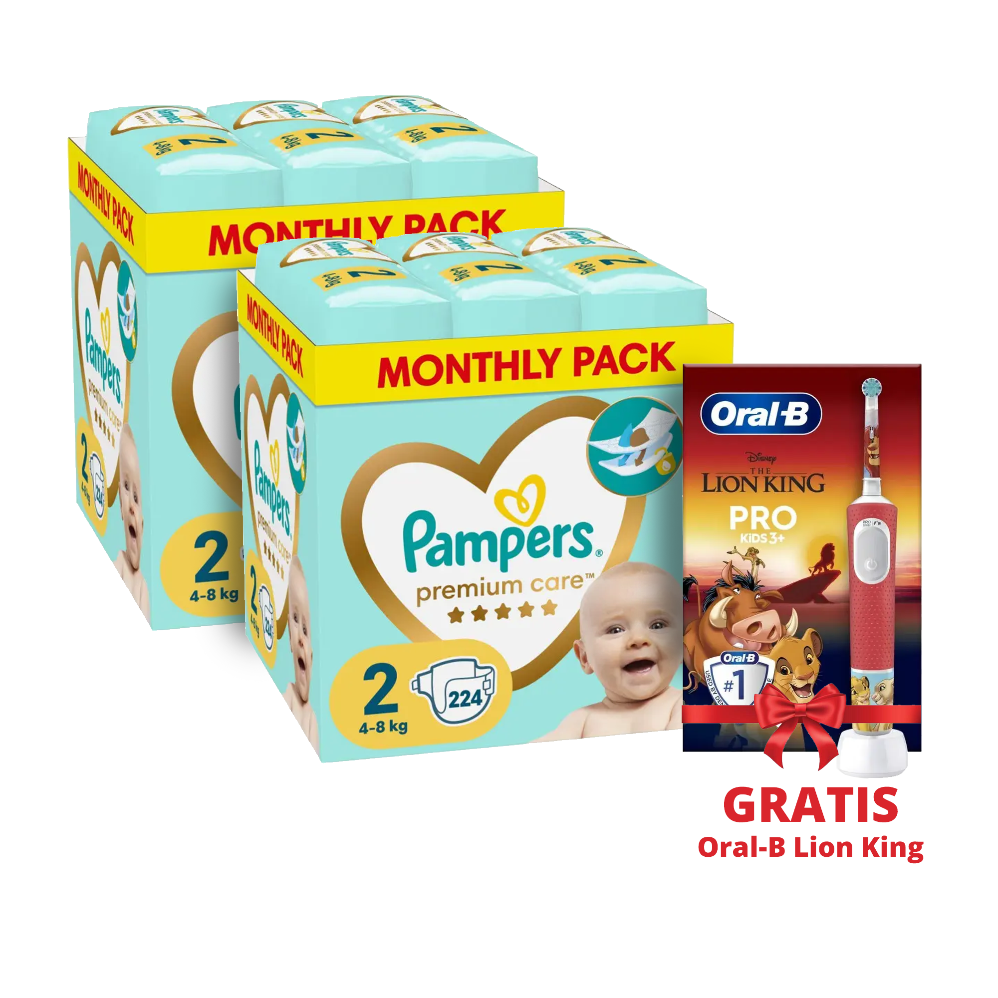 Pampers Pelene Premium 2, MSB, 448/1, DOUBLE PACK+GRATIS Oral-B Lion King | Ananas