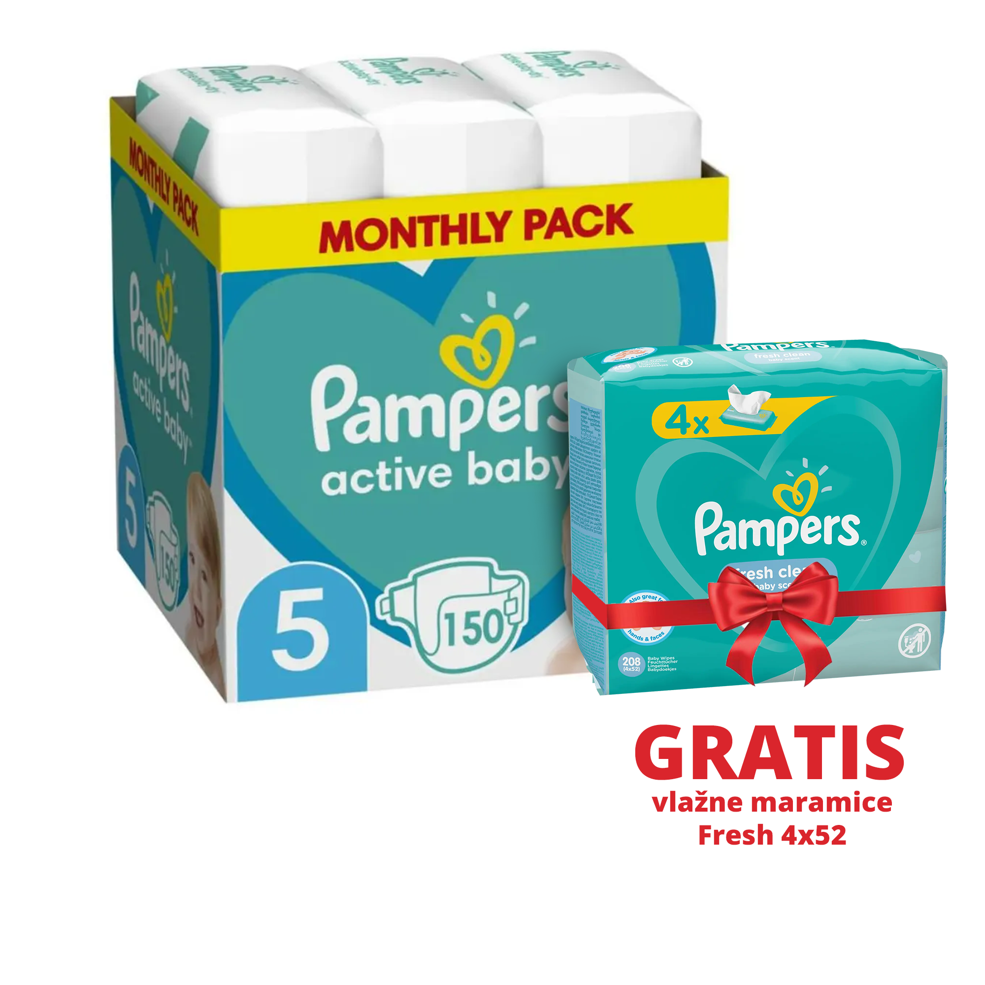 Pampers Pelene 5, Monthly, 150/1 + Vlažne maramice Fresh 4x52 | Ananas