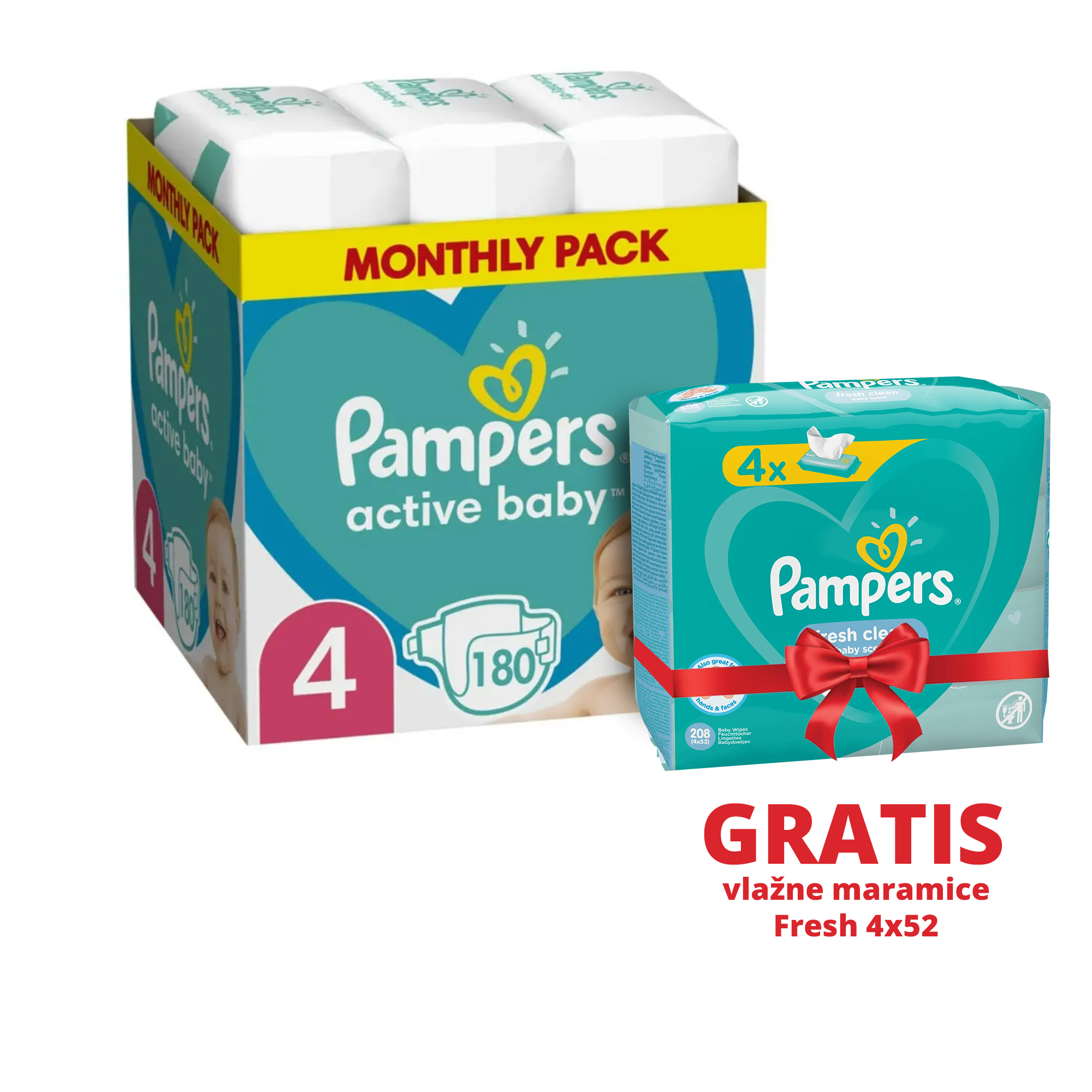 Pampers Pelene 4, Monthly, MSB 180/1+ Vlažne maramice Fresh 4x52 | Ananas