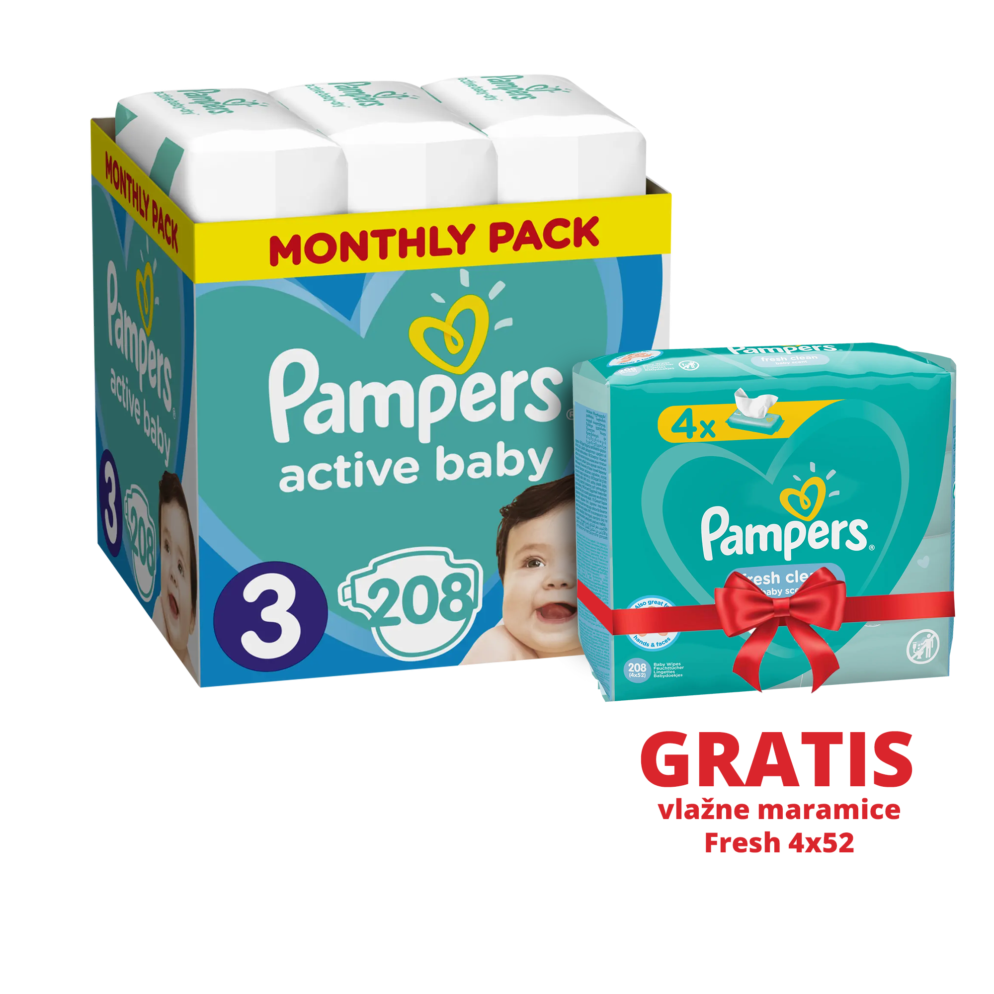 Pampers Pelene 3, Monthly, MSB, Monthly, 208/1 + Vlažne maramice Fresh 4x52 | Ananas