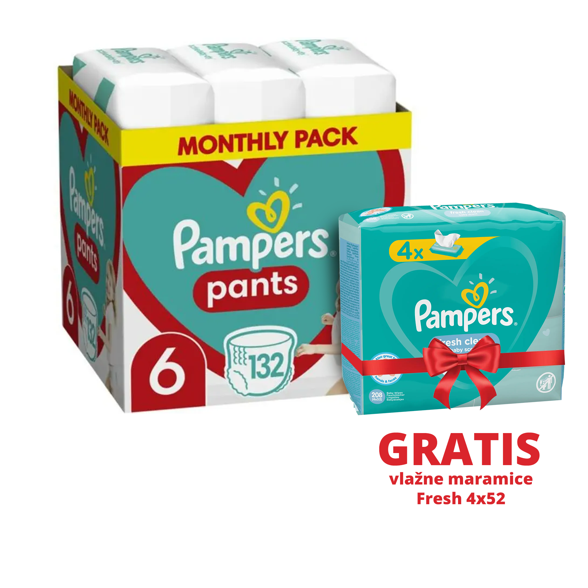 Pampers Pelene Pants 6, Monthly, MSB, 132/1 + Vlažne maramice Fresh 4x52 | Ananas