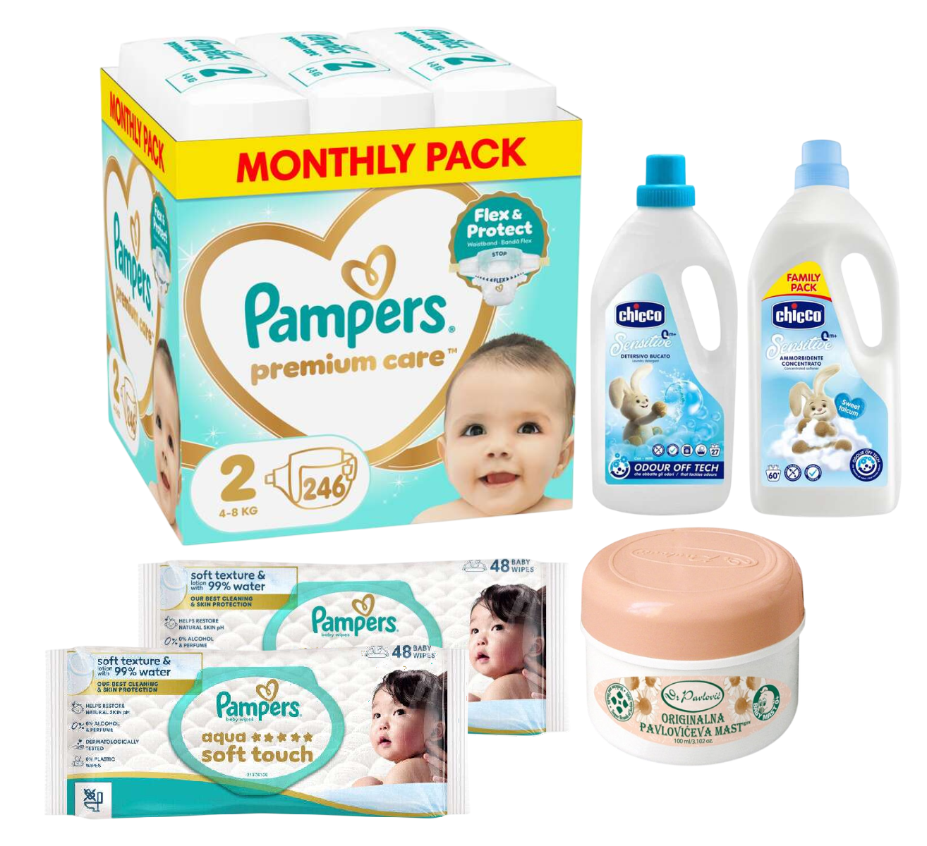 Pampers Pelene Premium Care 2, Monthly, 4-8 kg, 246/1, Chicco sta za prajne veša Sensitive, Pavlovićeva mast, Pampers Vlažne maramice Aqua Soft Touch