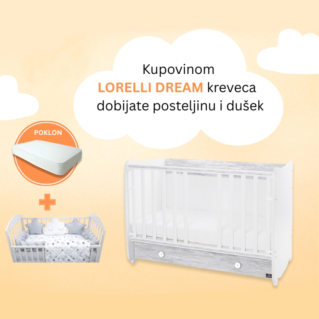 Lorelli Drveni krevetić Dream sa posteljinom i dušekom, Sivi