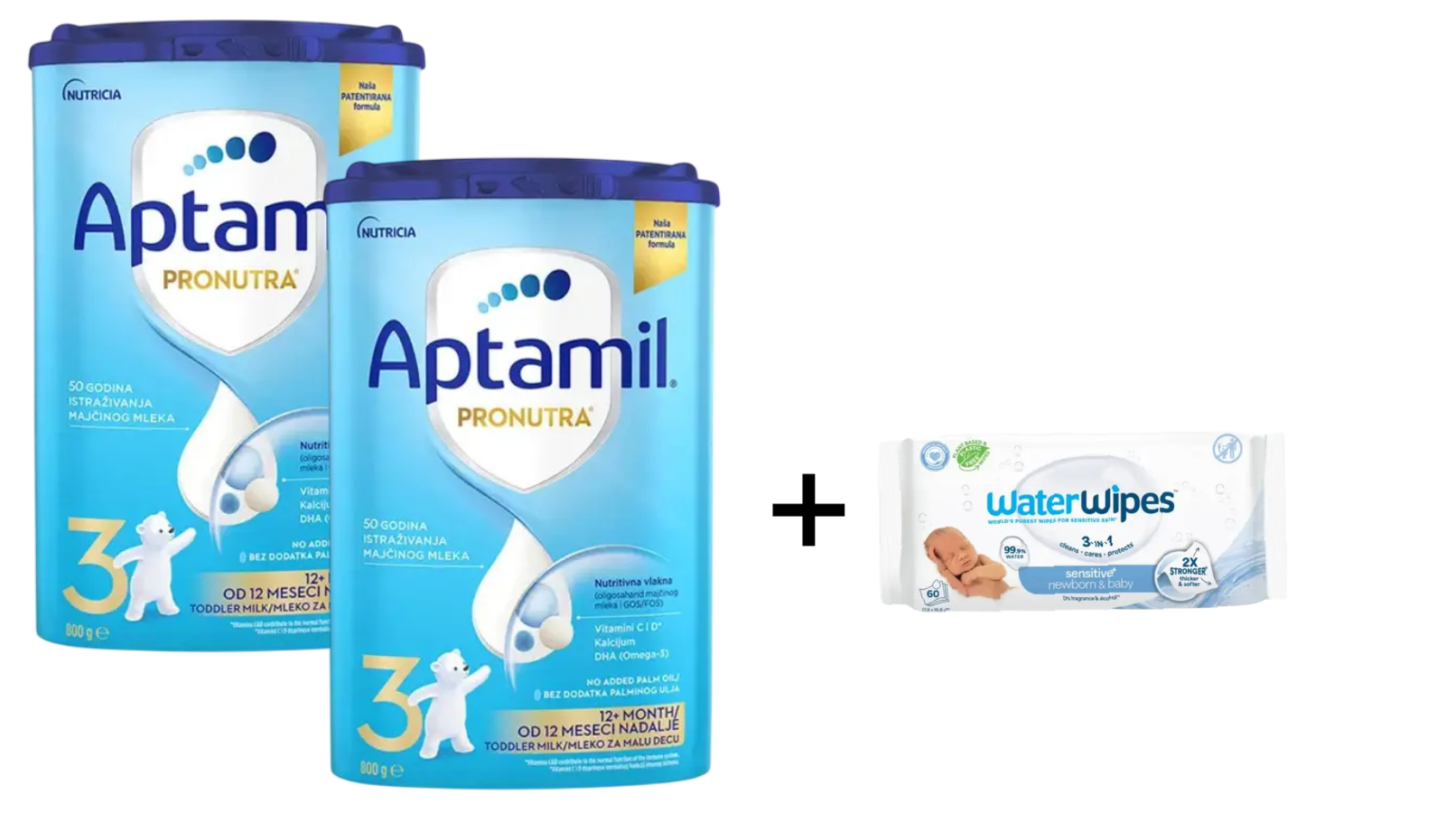 Aptamil Mlečna formula Pronutra 3, 12m+, 800g + WaterWipes Vlažne maramice za bebe, 60 komada