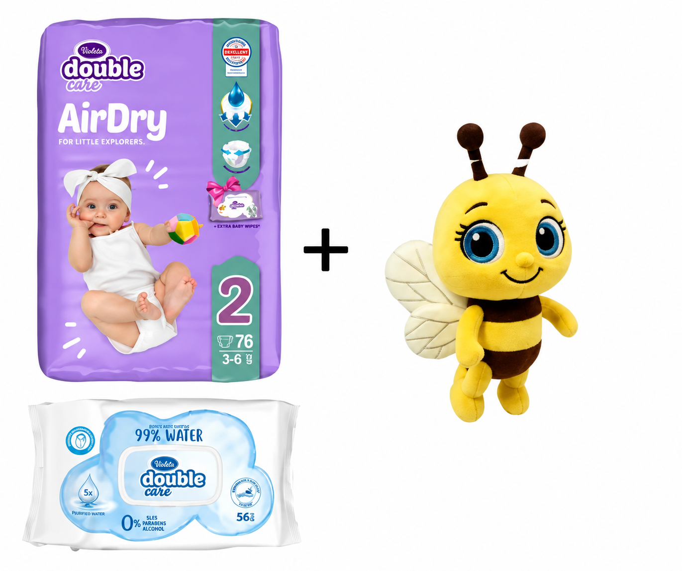Violeta DC Pelene Air Dry 2, 3-6 kg, 76/1, Violeta Vlažne maramice, Water Care 56/1 + Plišana igračka Pčelica