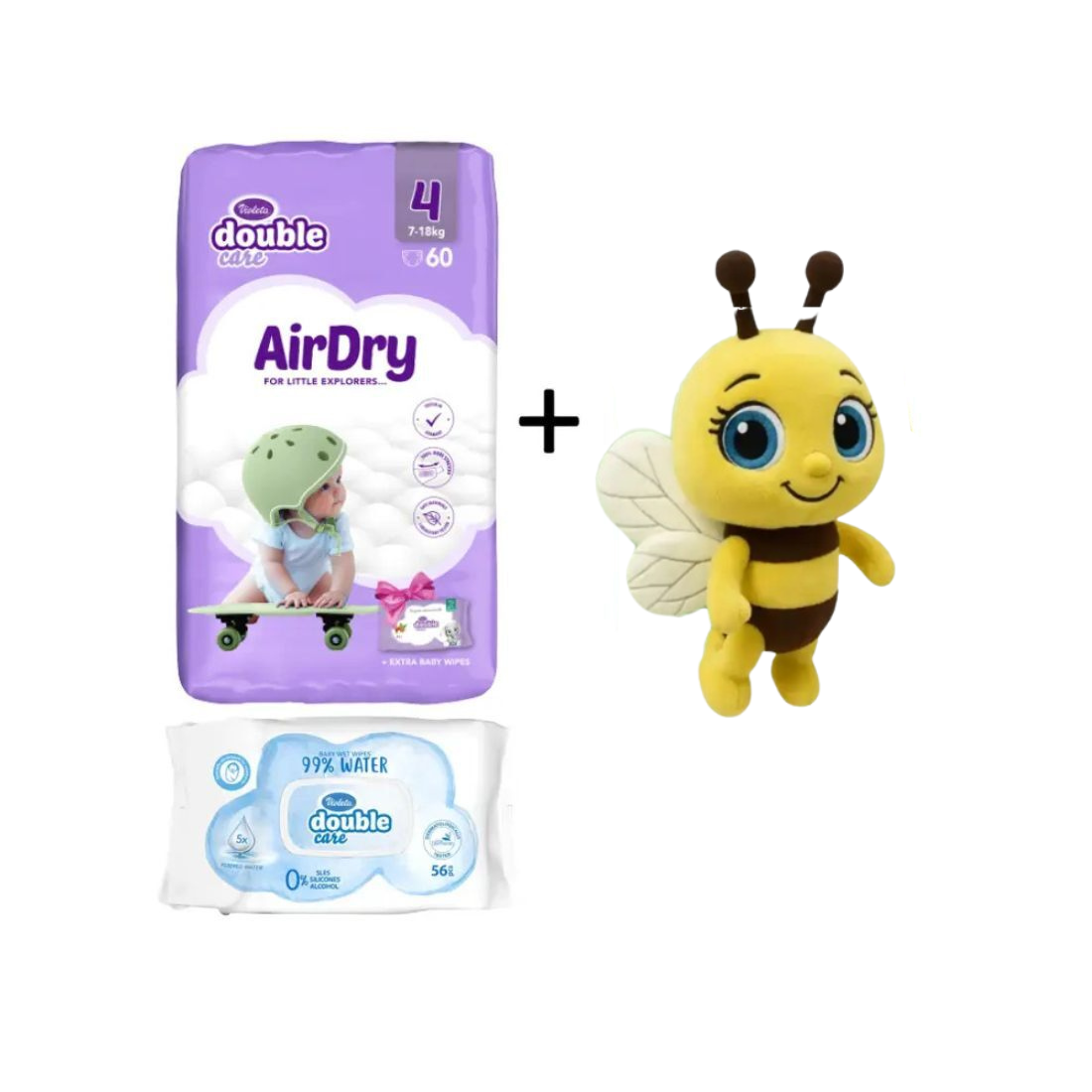 Violeta Pelene Air Dry 4 7-18 kg, 60/1 + Vlažne maramice Water Care, 56/1 + Plišana igračka pčelica gratis