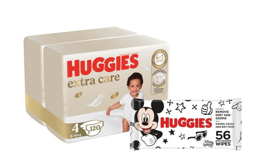 Huggies Pelene Extra Care 4, Duo Pack, 8-16 kg, 120 Komada + Mickey Mouse Vlažne maramice, 56 Komada
